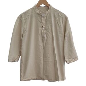 Men’s Cotton Linen Band Collar Shirt Beige Minimalist Resort Cruise M